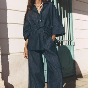 ZARA LINEN DRAWSTRING SHIRT DARK INDIGO NWT S